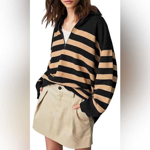 Sweaters - NWOT Women’s Long Sleeve Lightweight Khaki  & Black Striped Half Zip Sweat…